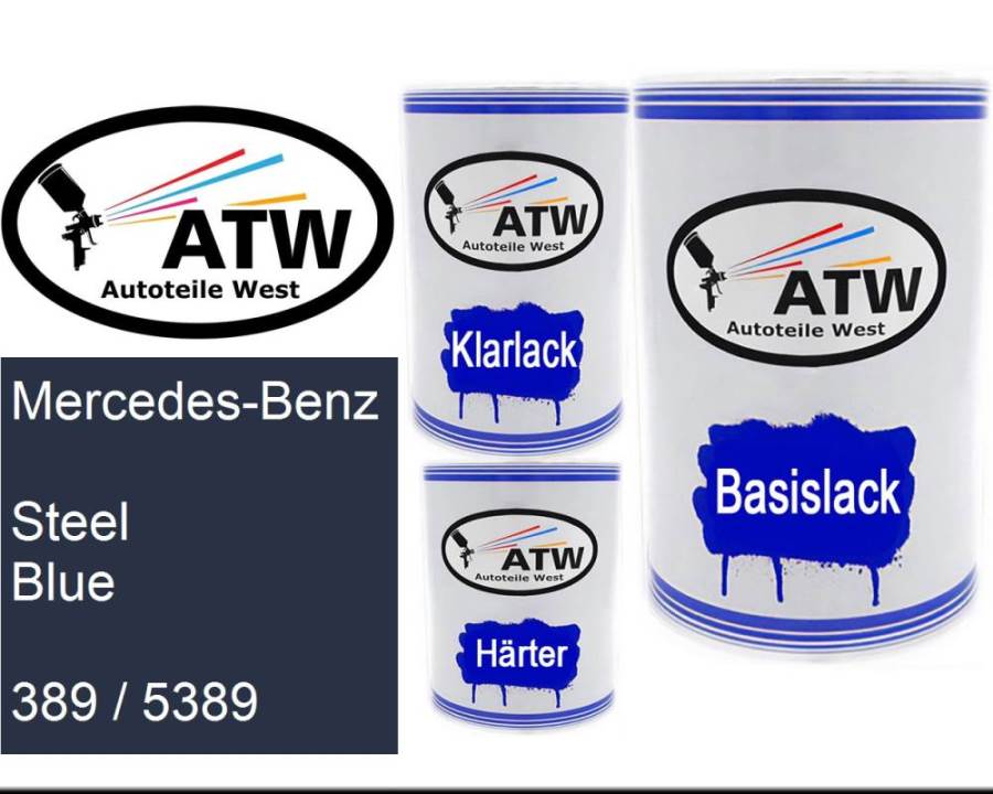 Mercedes-Benz, Steel Blue, 389 / 5389: 500ml Lackdose + 500ml Klarlack + 250ml Härter - Set, von ATW Autoteile West.